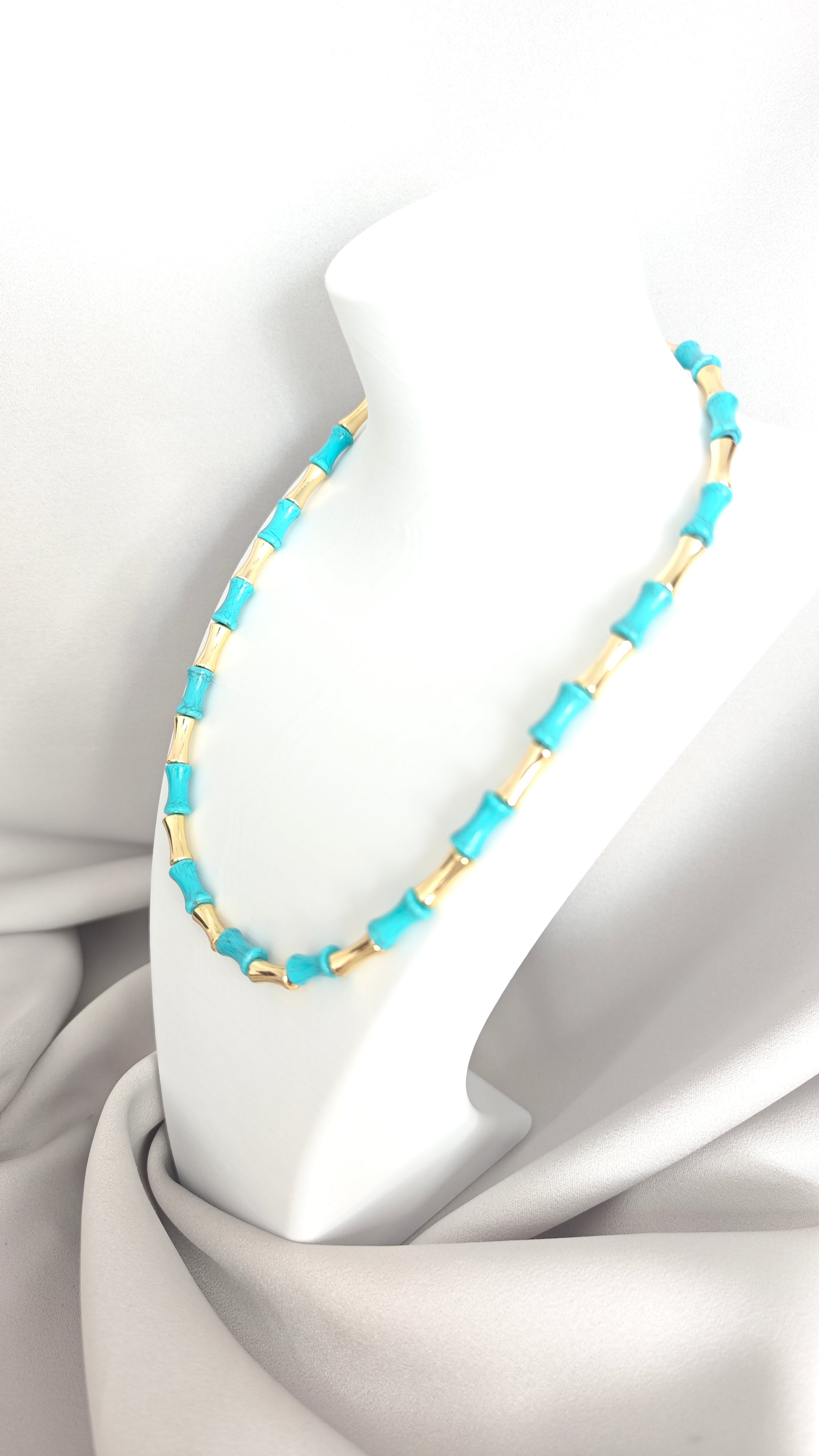 VELUARE EVERYDAY 14K Gold Renk Turkuaz Bambu Boru Zincir Kolye