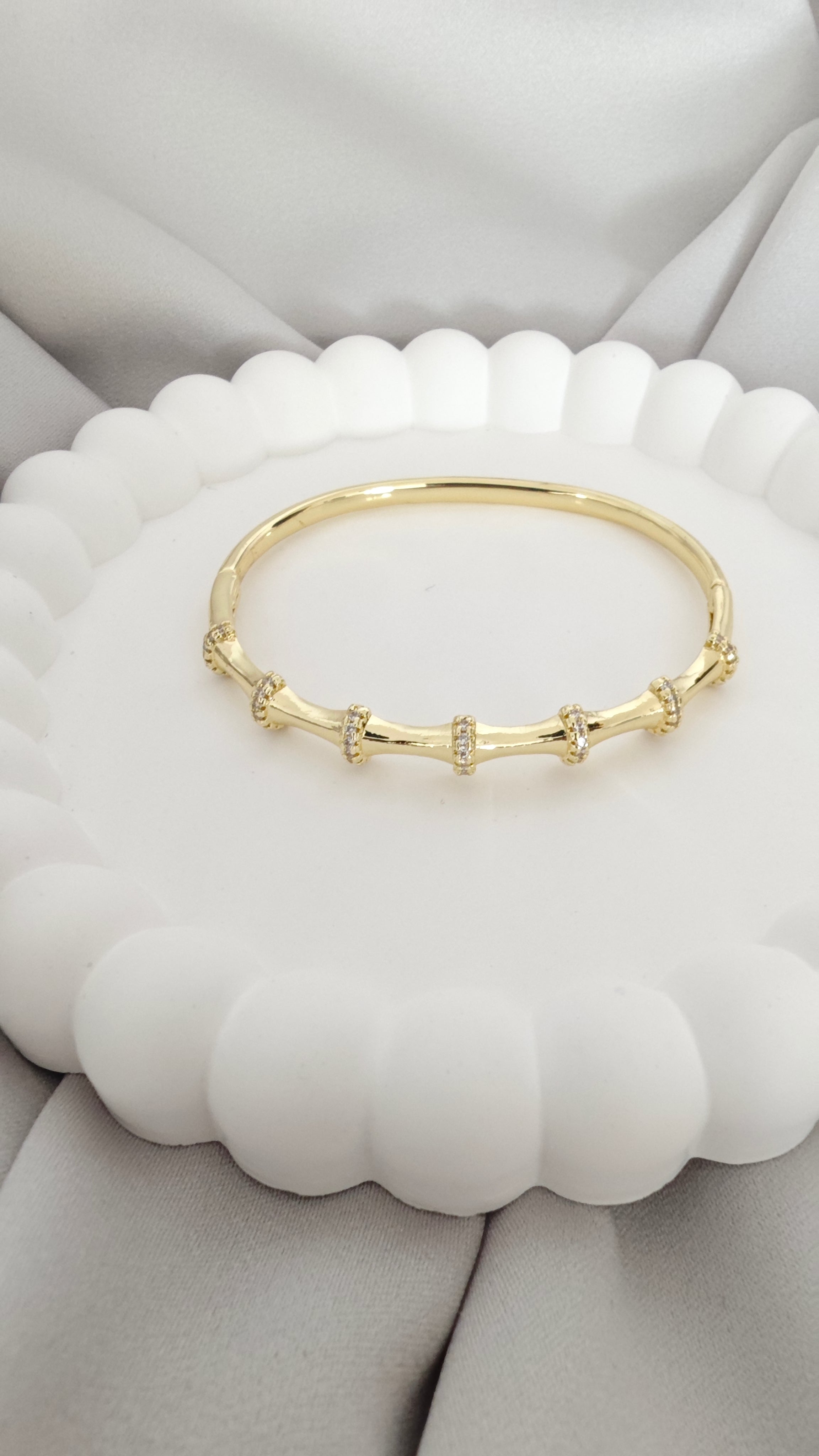 VELUARE ROYAL 14K Gold Taşlı Boğumlu İtalyan Bambu Kelepçe Bileklik