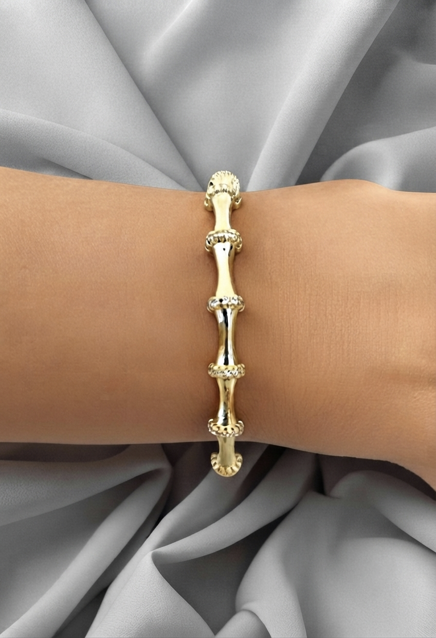 VELUARE ROYAL 14K Gold Taşlı Boğumlu İtalyan Bambu Kelepçe Bileklik