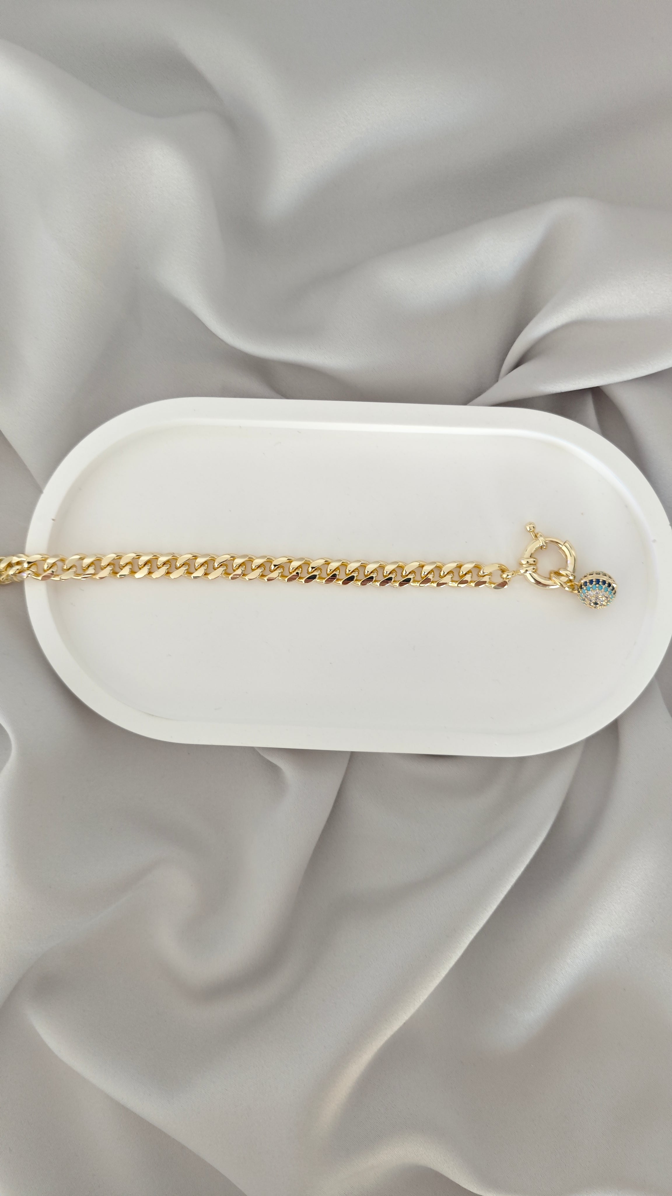 VELUARE ROYAL 14K Gold Renk Göz Küresi Madalyonlu Gemici Kilit Gurmet Bileklik