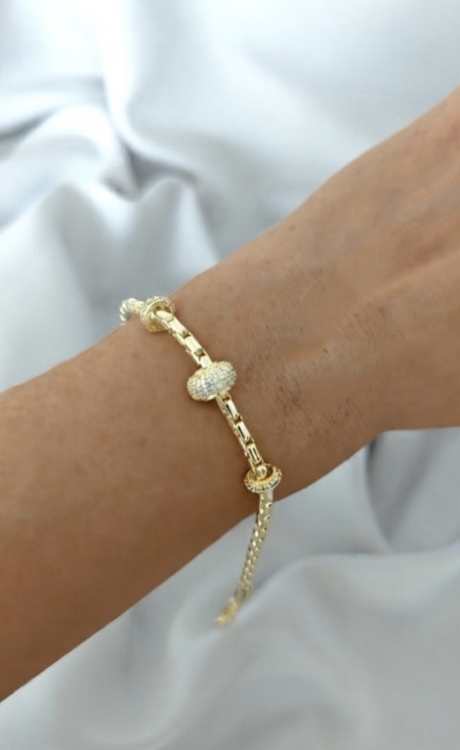VELUARE ROYAL 14K Gold Renk Taşlı Rondela Boncuklu Venedik Zincir Bileklik