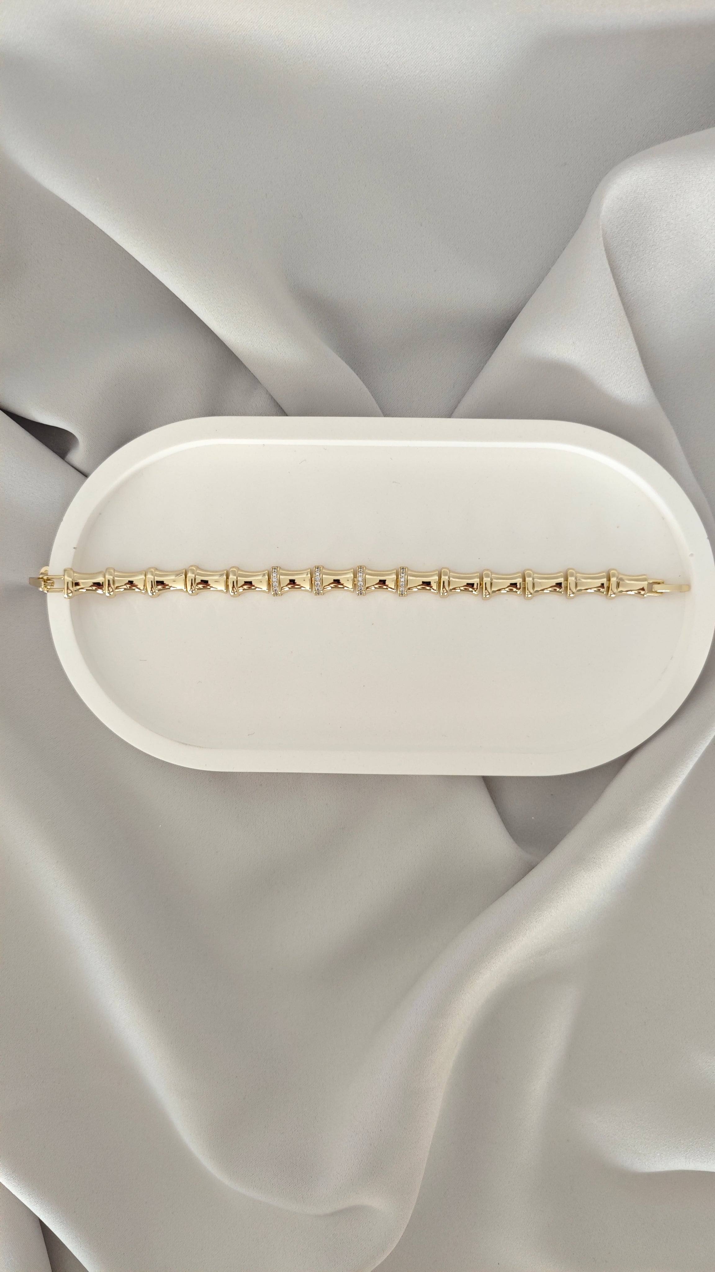 VELUARE PRESTIGE 14K Gold Renk Taşlı Boğumlu Bambu Boru Bileklik