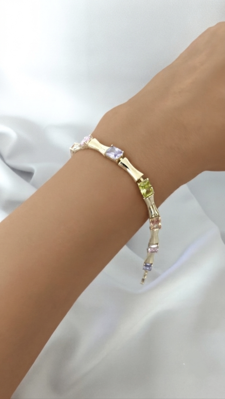 VELUARE PRESTIGE 14K Gold Renk Multicolor Taşlı İtalyan Bambu Bileklik