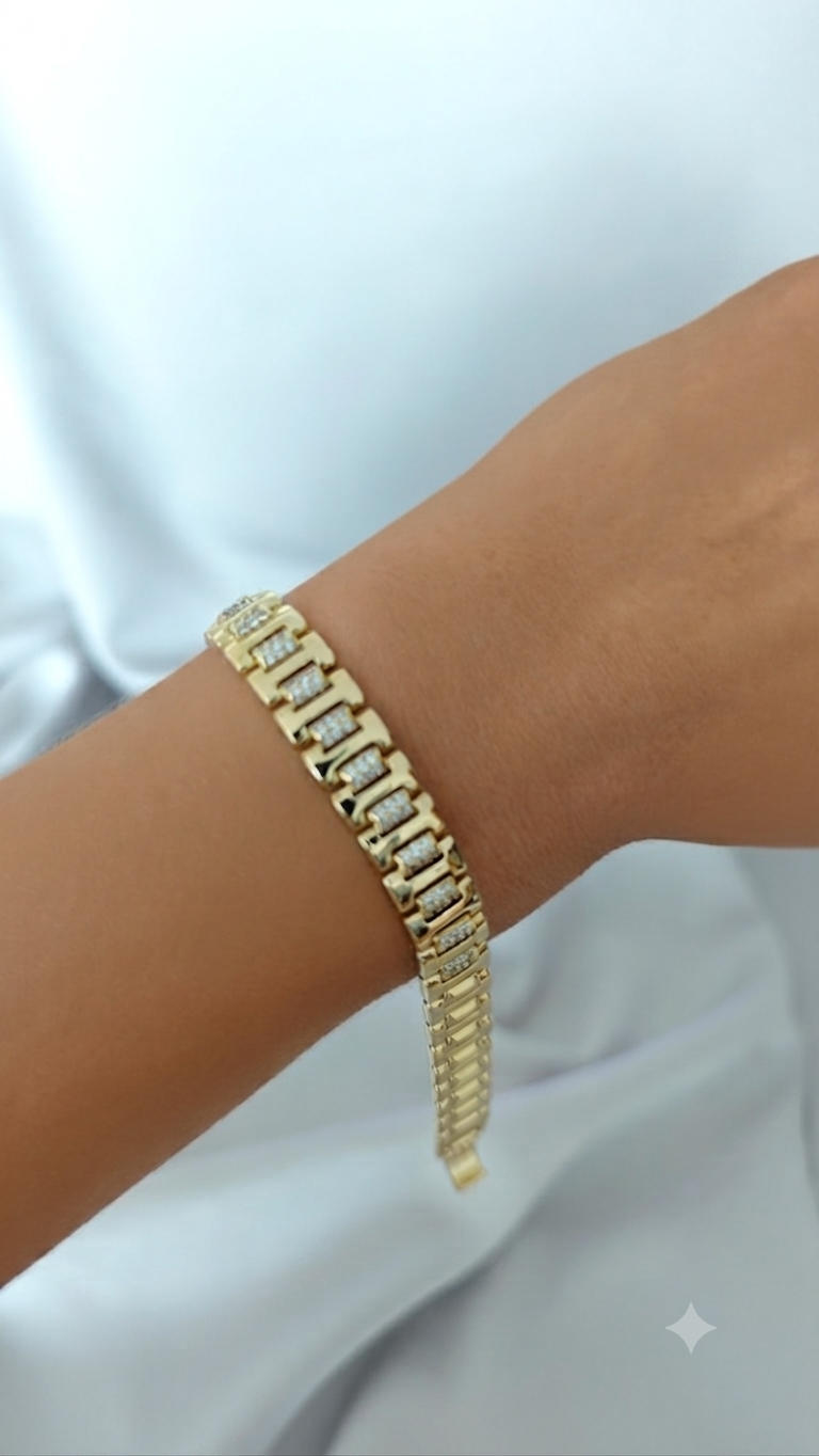 VELUARE PRESTIGE 14K Gold Renk Saat Kordonu Model Taşlı İtalyan Bileklik