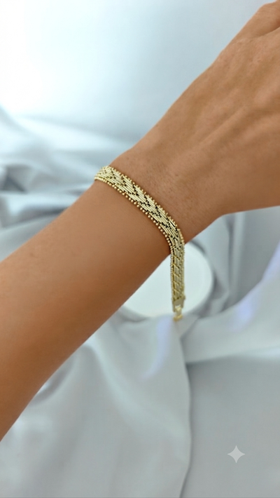 VELUARE PRESTIGE 14K Gold Renk İtalyan Tırtıllı Üç Sıra Hasır Bileklik