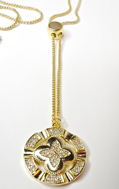 VELUARE ROYAL 14K  Taşlı Yonca Madalyon Sallantılı Y Kolye