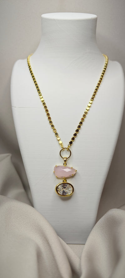 VELUARE ROYAL 14K Pembe Kuvars Kristal Uçlu Ayna Kolye