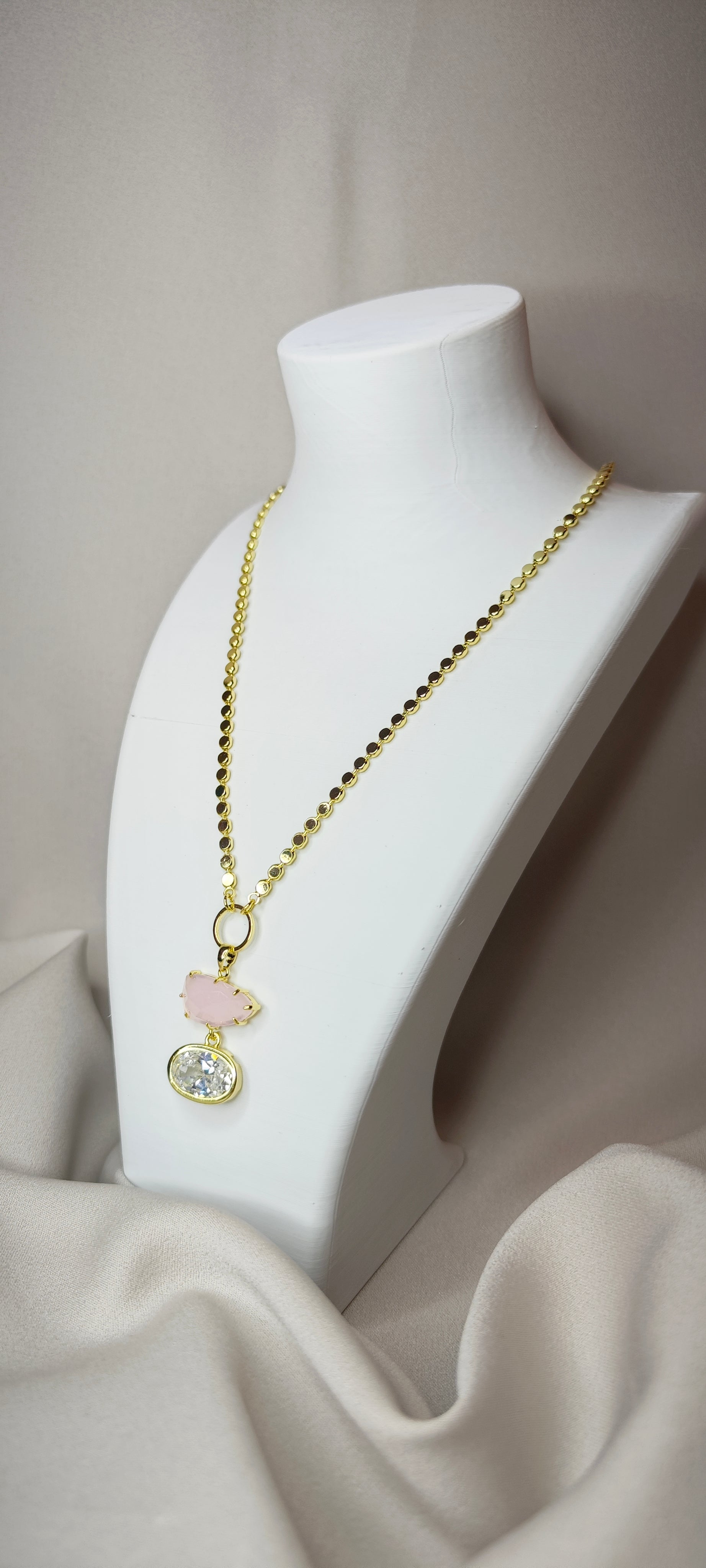 VELUARE ROYAL 14K Pembe Kuvars Kristal Uçlu Ayna Kolye