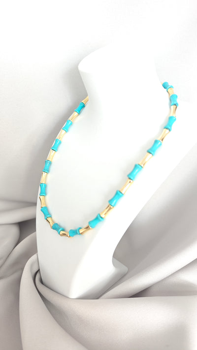 VELUARE EVERYDAY 14K Gold Renk Turkuaz Bambu Boru Zincir Kolye