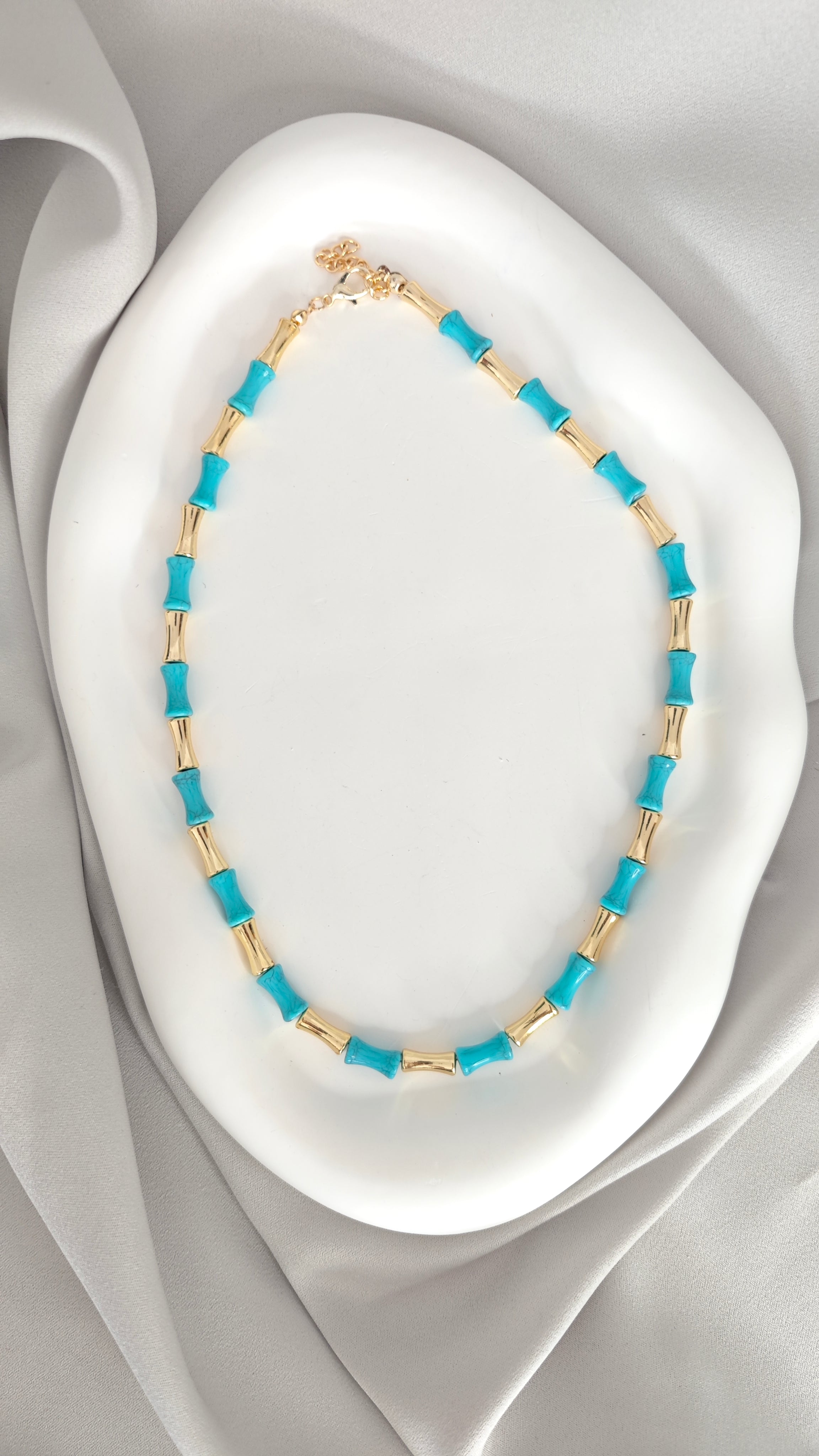VELUARE EVERYDAY 14K Gold Renk Turkuaz Bambu Boru Zincir Kolye