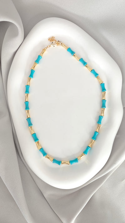 VELUARE EVERYDAY 14K Gold Renk Turkuaz Bambu Boru Zincir Kolye