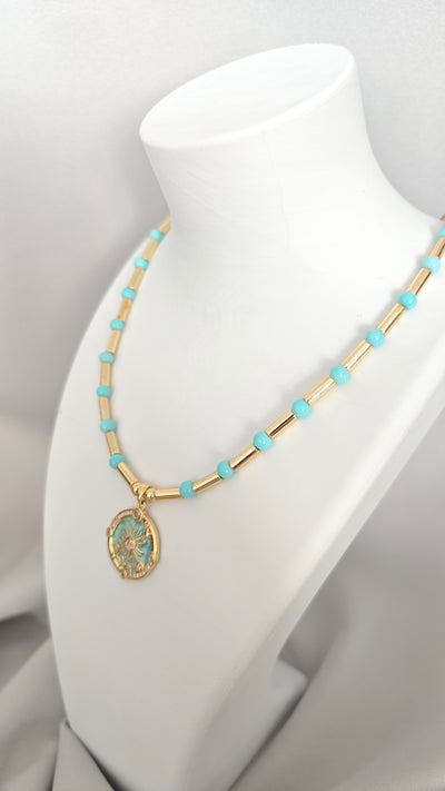 VELUARE EVERYDAY 14K Gold Renk Turkuaz Mineli Güneş Madalyonlu Boru Zincir Kolye