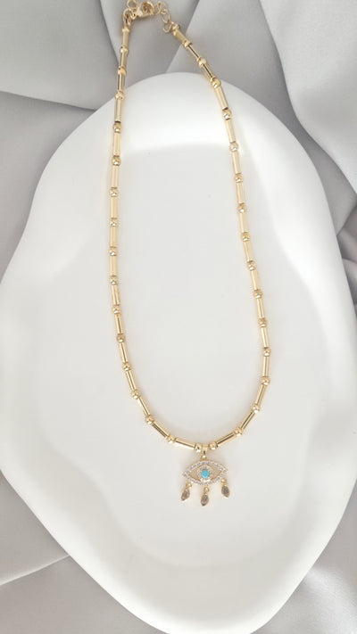 VELUARE EVERYDAY 14K Gold Renk Sallantılı Göz Madalyonlu Boru Zincir Kolye
