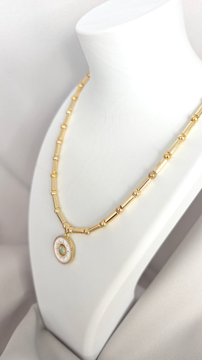 VELUARE EVERYDAY 14K Gold Renk Beyaz Mineli Göz Madalyonlu Boru Zincir Kolye