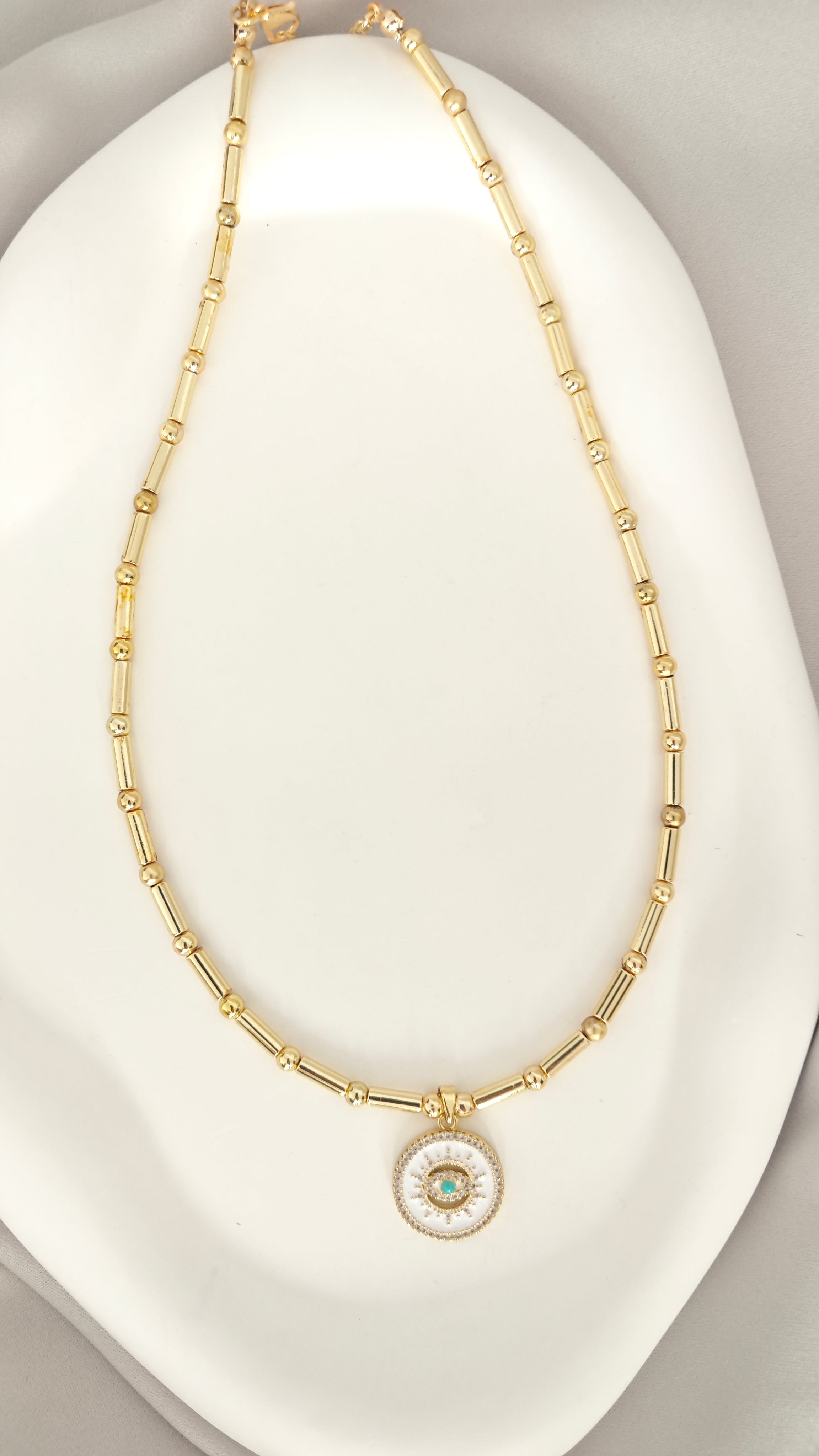 VELUARE EVERYDAY 14K Gold Renk Beyaz Mineli Göz Madalyonlu Boru Zincir Kolye
