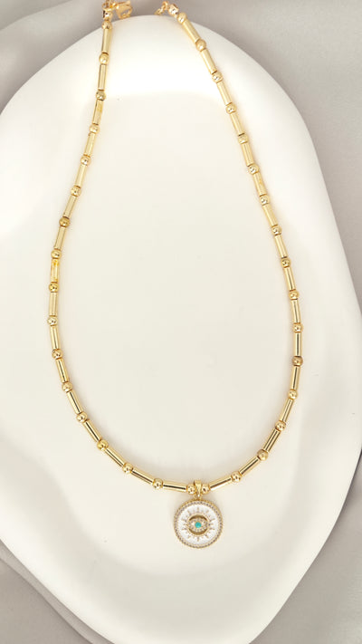 VELUARE EVERYDAY 14K Gold Renk Beyaz Mineli Göz Madalyonlu Boru Zincir Kolye