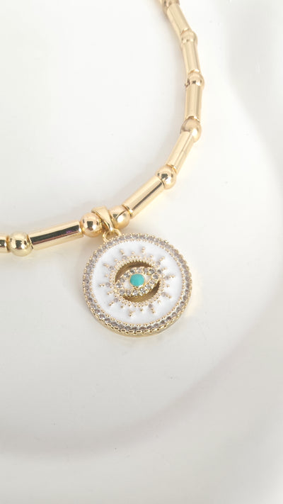 VELUARE EVERYDAY 14K Gold Renk Beyaz Mineli Göz Madalyonlu Boru Zincir Kolye