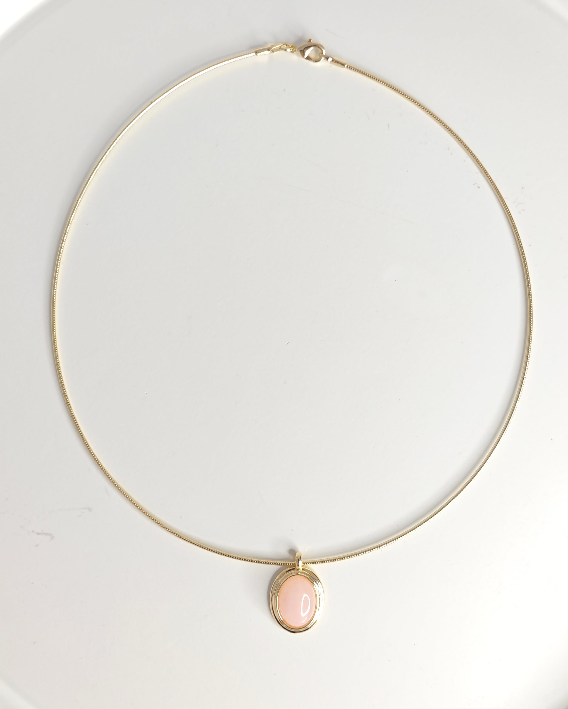 VELUARE EVERYDAY 14K Gold Renk Pembe Taşlı Oval Madalyonlu Misina Zincir Kolye