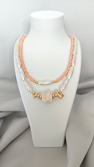 Veluare El Yapımı 14K Gold Soft Somon Boncuklu ve İncili İkili Kolye