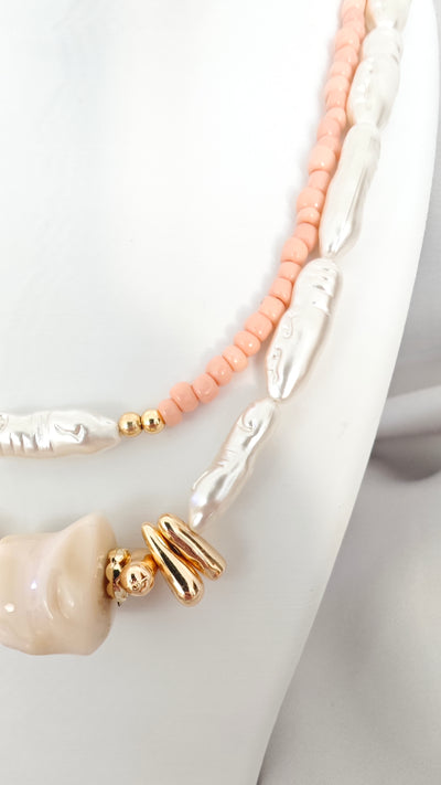 Veluare El Yapımı 14K Gold Soft Somon Boncuklu ve İncili İkili Kolye
