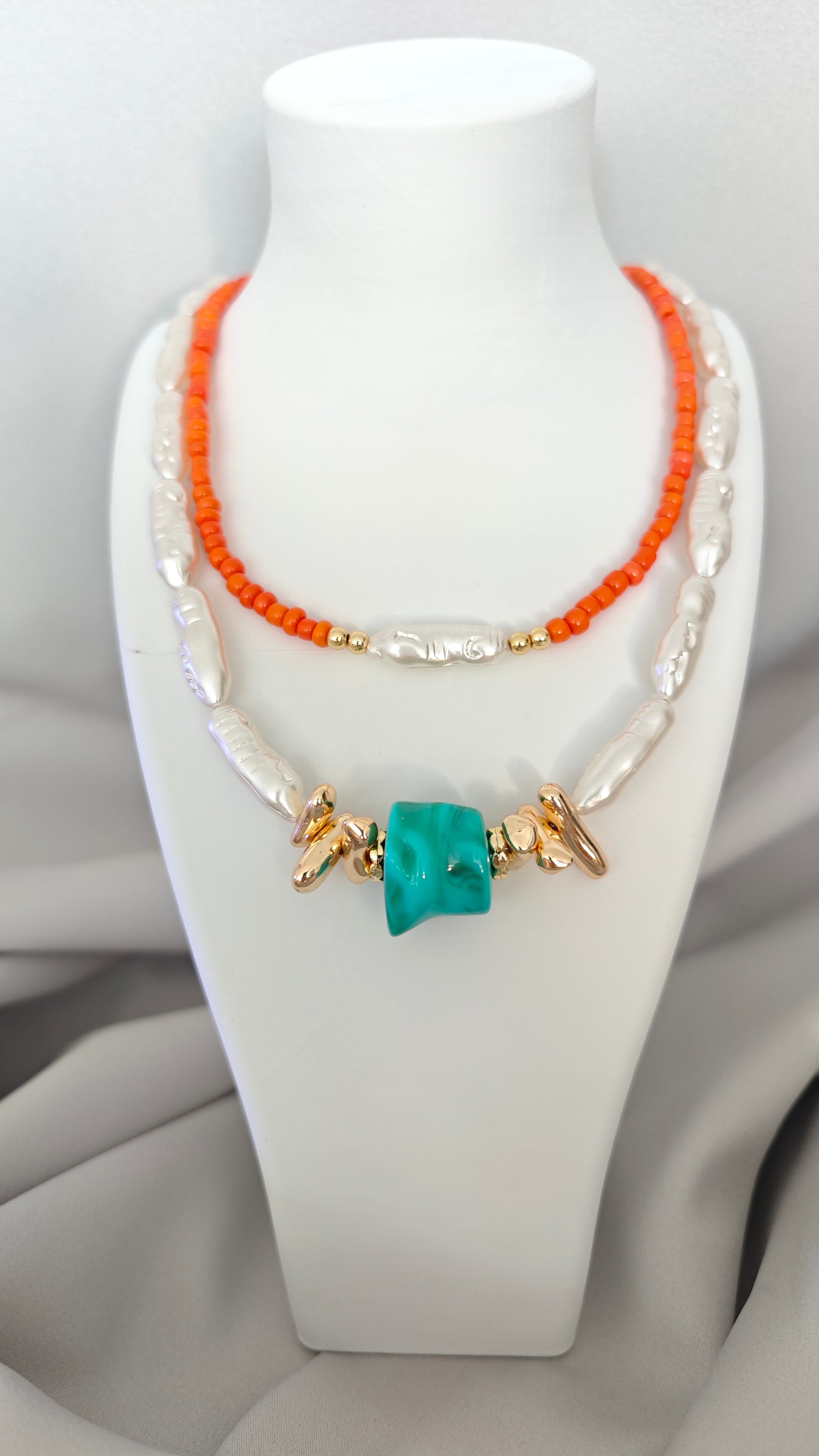 Veluare El Yapımı 14K Gold Turkuaz Taşlı Barok İnci Katmanlı Kolye