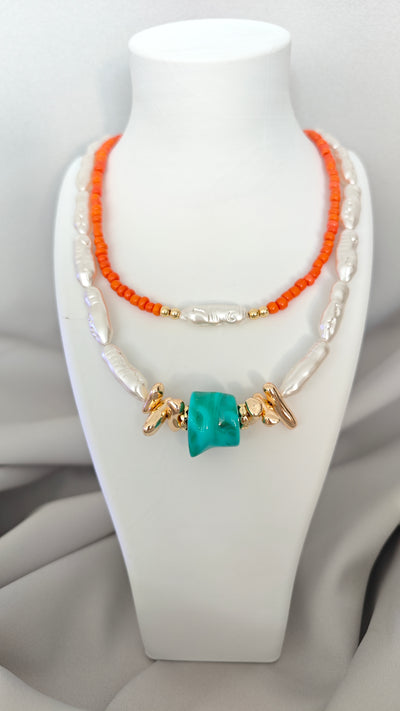 Veluare El Yapımı 14K Gold Turkuaz Taşlı Barok İnci Katmanlı Kolye
