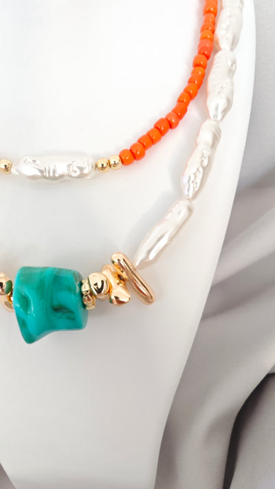 Veluare El Yapımı 14K Gold Turkuaz Taşlı Barok İnci Katmanlı Kolye