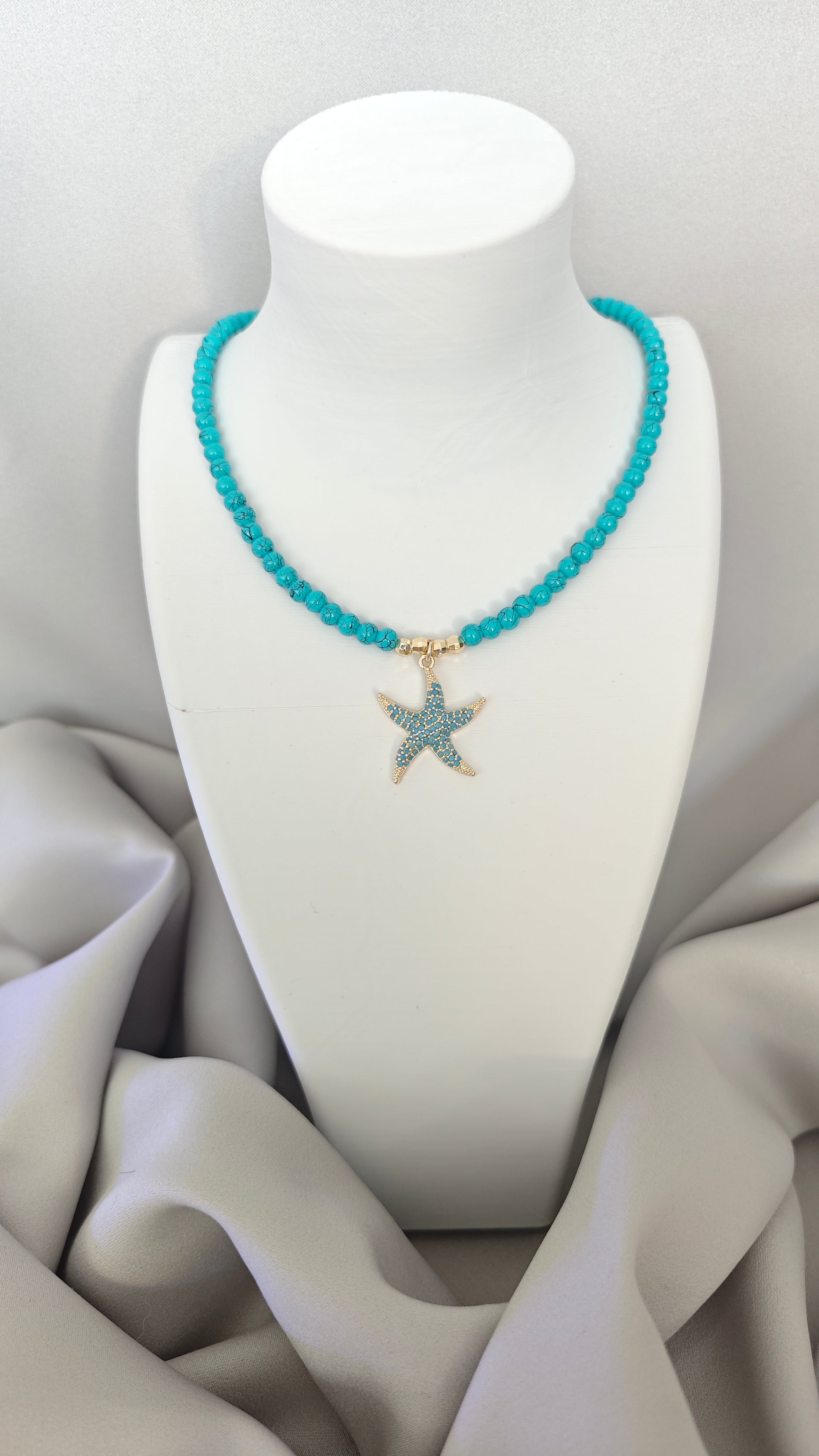 Veluare El Yapımı ROYAL 14K Gold Işıltılı Deniz Yıldızı Turkuaz Kolye