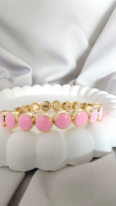 Veluare El Yapımı 14K Gold Renk Pembe Mineli Sıralı Disk Lastikli Bileklik
