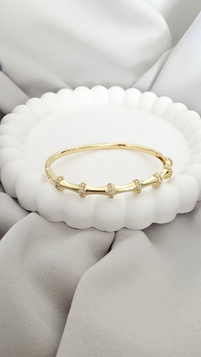VELUARE ROYAL 14K Gold Taşlı Boğumlu İtalyan Bambu Kelepçe Bileklik
