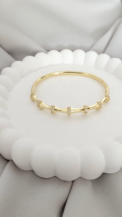 VELUARE ROYAL 14K Gold Taşlı Boğumlu İtalyan Bambu Kelepçe Bileklik