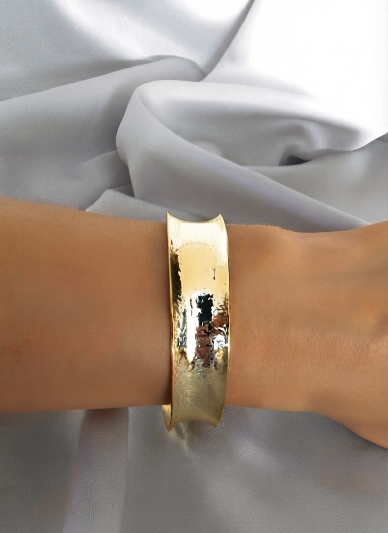 VELUARE ROYAL 14K Gold Renk İtalyan Geniş Ezme Cuff Kelepçe Bileklik