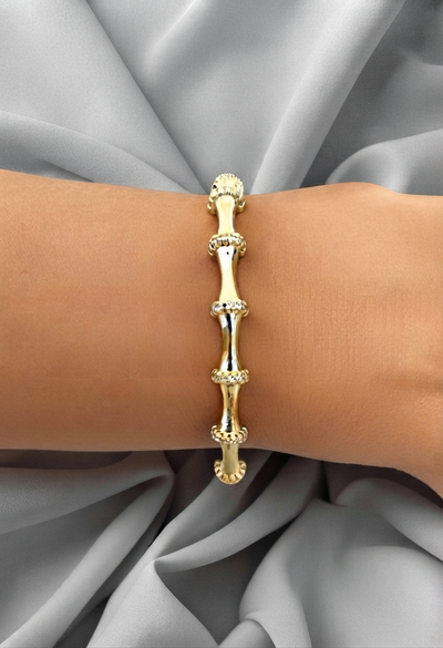 VELUARE ROYAL 14K Gold Taşlı Boğumlu İtalyan Bambu Kelepçe Bileklik