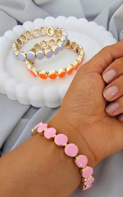 Veluare El Yapımı 14K Gold Renk Pembe Mineli Sıralı Disk Lastikli Bileklik