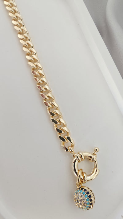 VELUARE ROYAL 14K Gold Renk Göz Küresi Madalyonlu Gemici Kilit Gurmet Bileklik