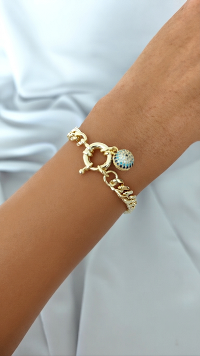 VELUARE ROYAL 14K Gold Renk Göz Küresi Madalyonlu Gemici Kilit Gurmet Bileklik