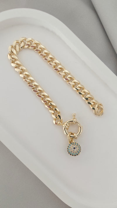 VELUARE ROYAL 14K Gold Renk Göz Küresi Madalyonlu Gemici Kilit Gurmet Bileklik