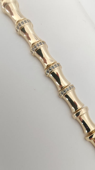 VELUARE PRESTIGE 14K Gold Renk Taşlı Boğumlu Bambu Boru Bileklik