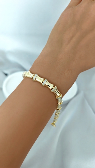 VELUARE PRESTIGE 14K Gold Renk Taşlı Boğumlu Bambu Boru Bileklik
