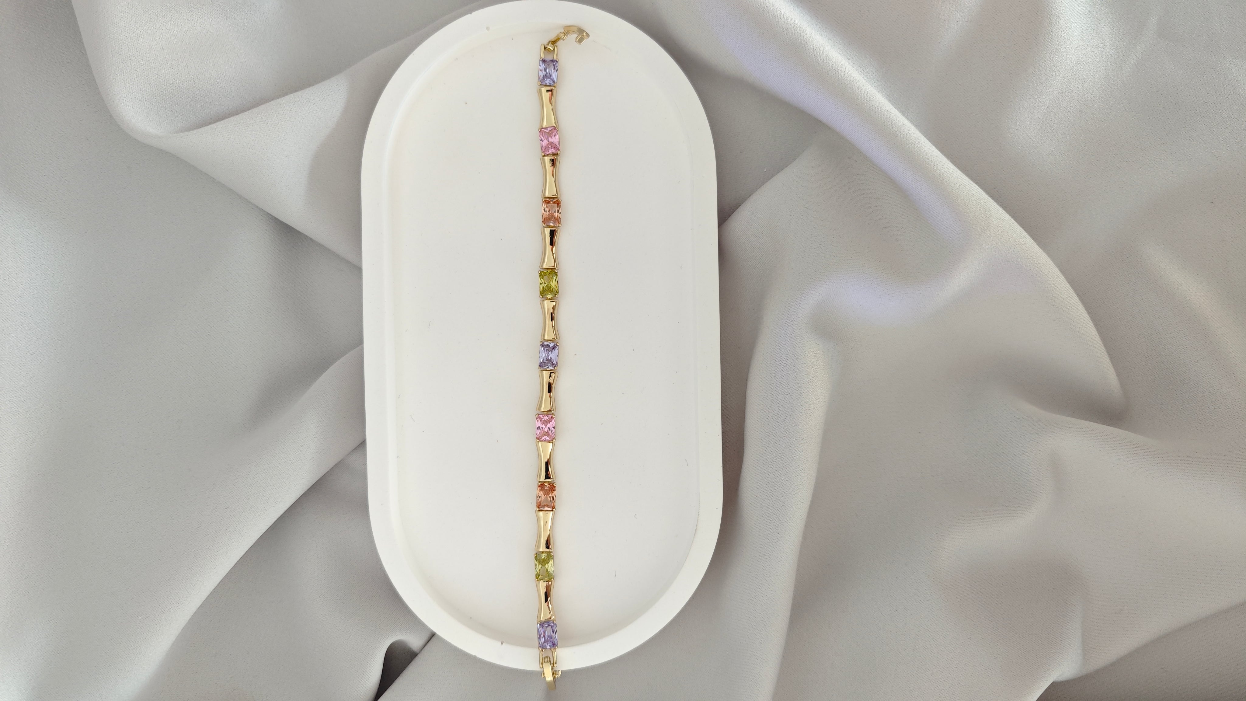 VELUARE PRESTIGE 14K Gold Renk Multicolor Taşlı İtalyan Bambu Bileklik