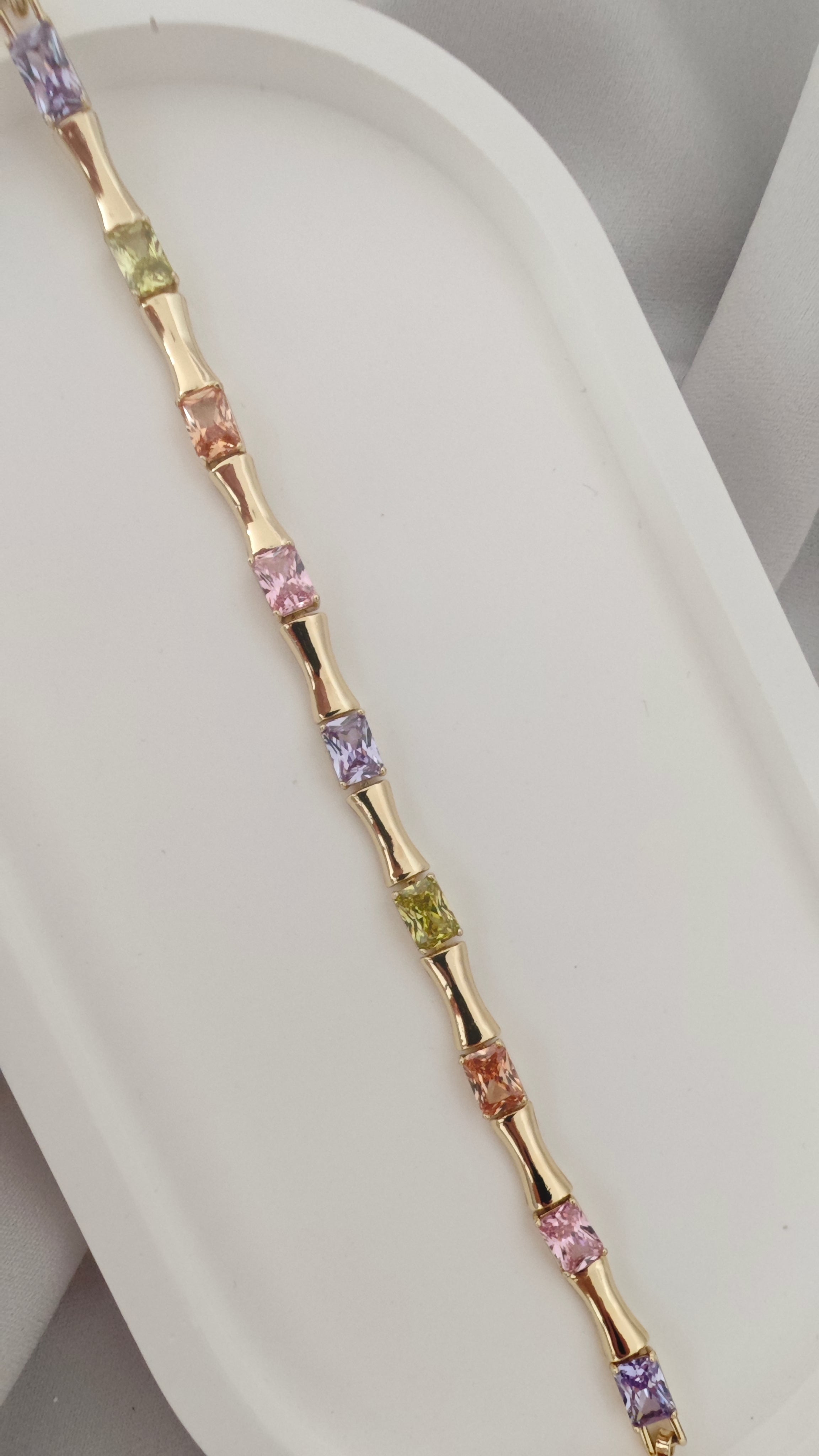 VELUARE PRESTIGE 14K Gold Renk Multicolor Taşlı İtalyan Bambu Bileklik