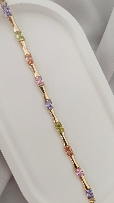 VELUARE PRESTIGE 14K Gold Renk Multicolor Taşlı İtalyan Bambu Bileklik