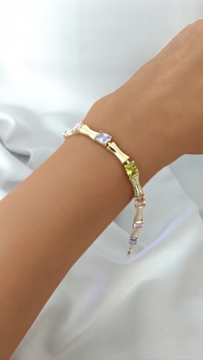 VELUARE PRESTIGE 14K Gold Renk Multicolor Taşlı İtalyan Bambu Bileklik