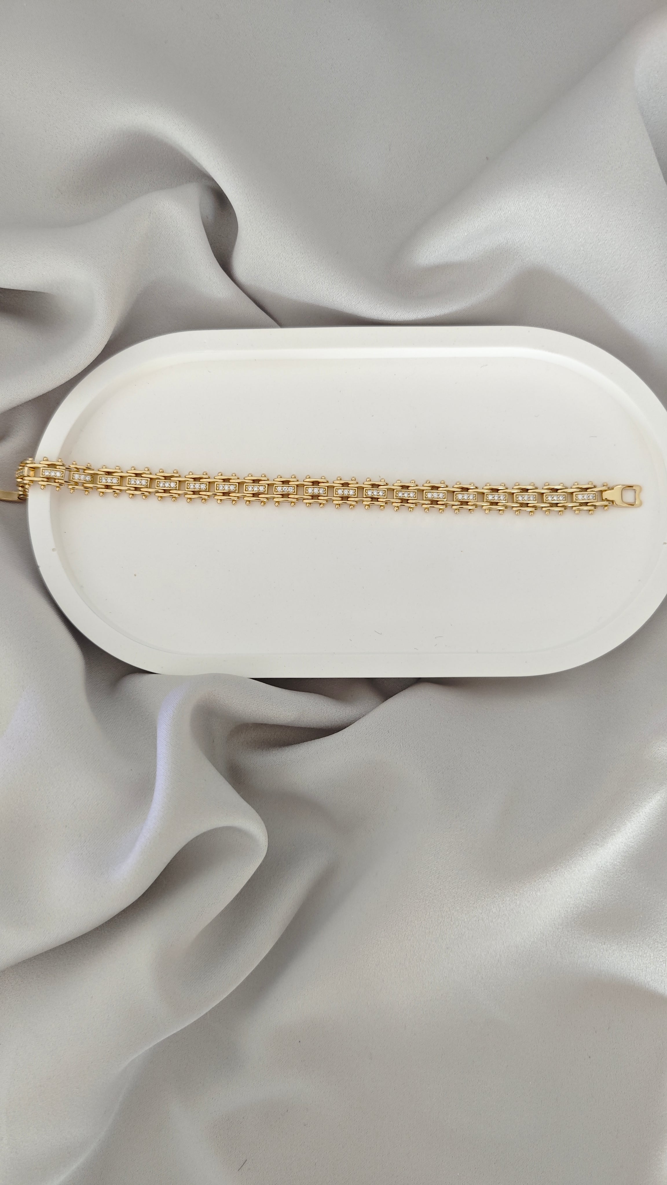 VELUARE PRESTIGE 14K Gold Renk İtalyan Tırtıllı Çift Sıra Taşlı Bileklik