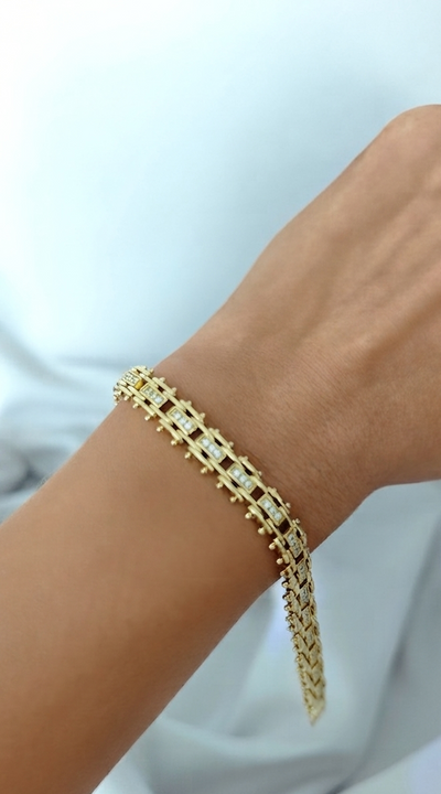 VELUARE PRESTIGE 14K Gold Renk İtalyan Tırtıllı Çift Sıra Taşlı Bileklik
