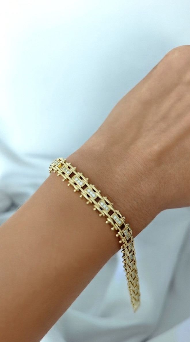 VELUARE PRESTIGE 14K Gold Renk İtalyan Tırtıllı Çift Sıra Taşlı Bileklik