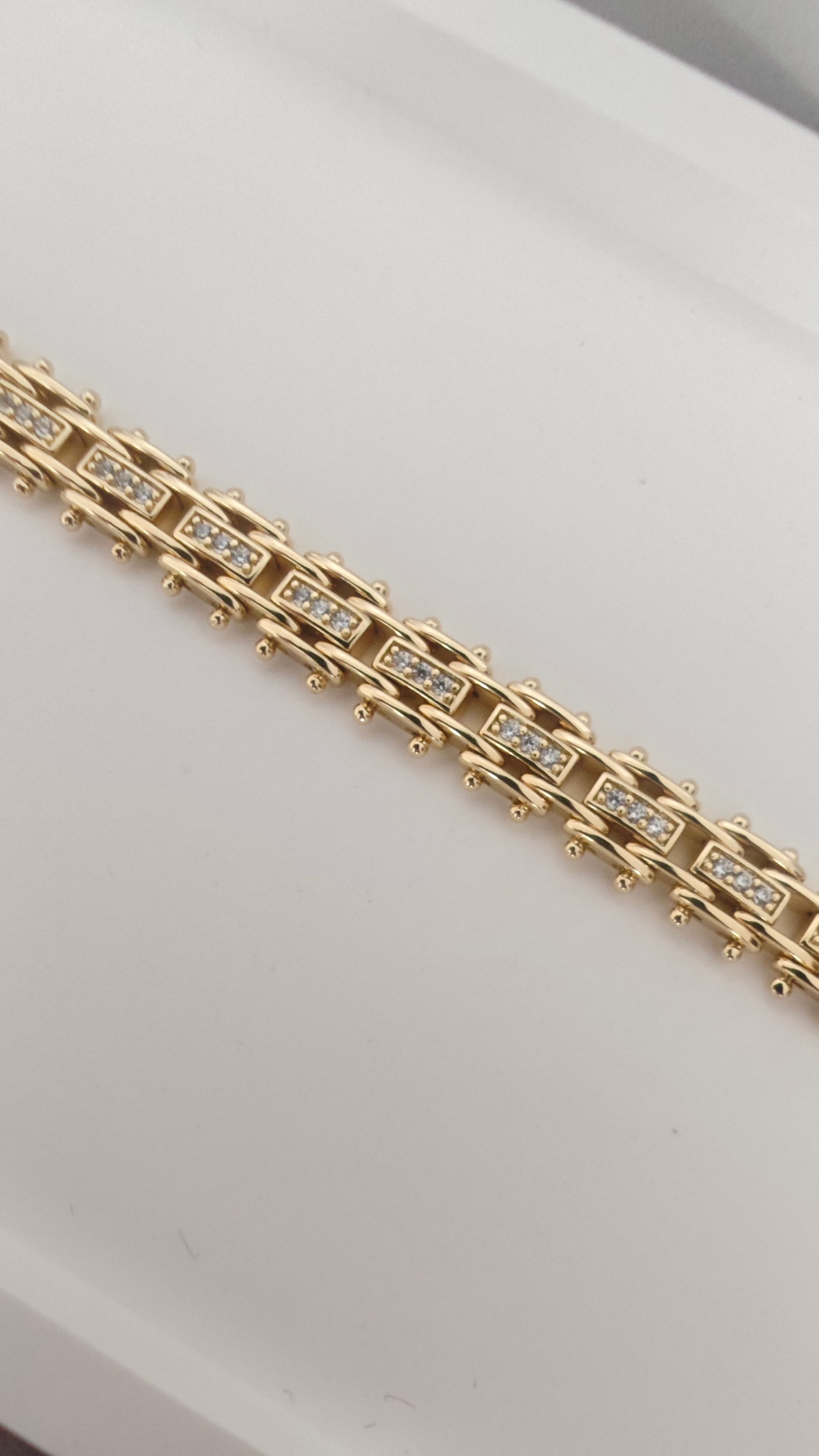 VELUARE PRESTIGE 14K Gold Renk İtalyan Tırtıllı Çift Sıra Taşlı Bileklik