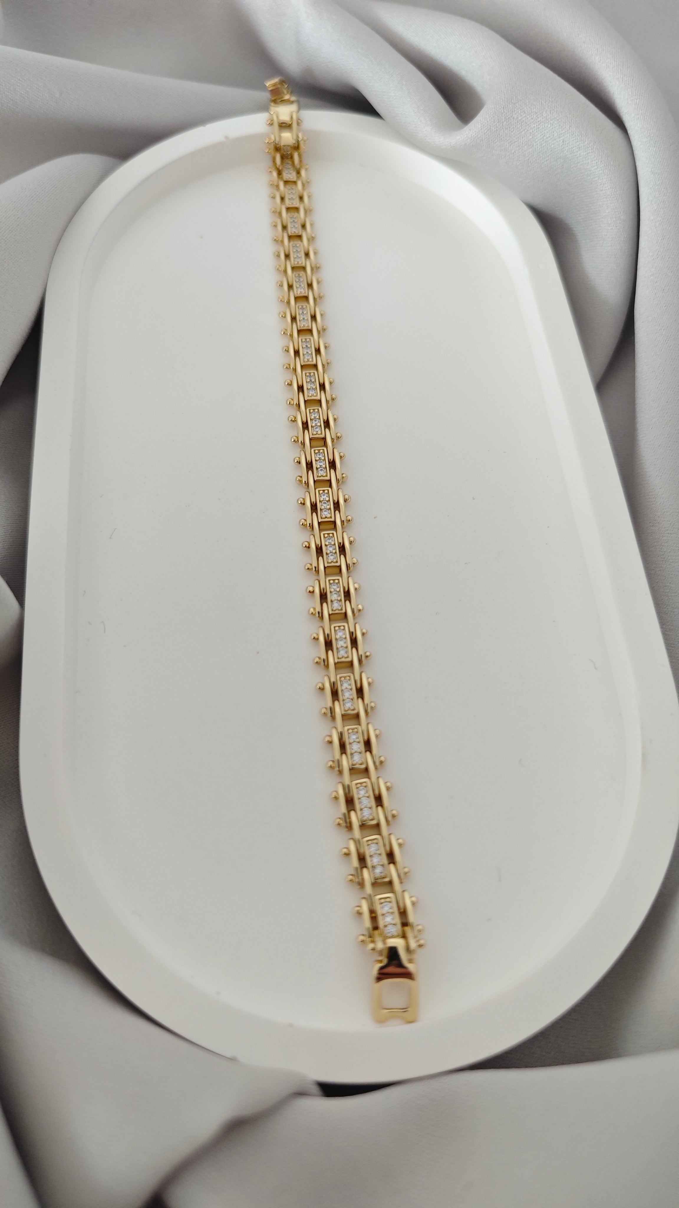 VELUARE PRESTIGE 14K Gold Renk İtalyan Tırtıllı Çift Sıra Taşlı Bileklik