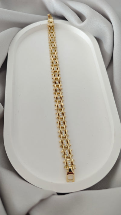 VELUARE PRESTIGE 14K Gold Renk İtalyan Tırtıllı Çift Sıra Taşlı Bileklik