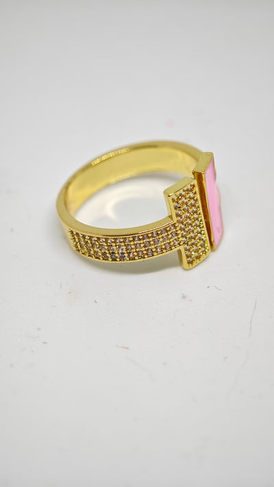 Veluare Privé 14K Pembe Mineli Taşlı Çift T Önü Açık Yüzük